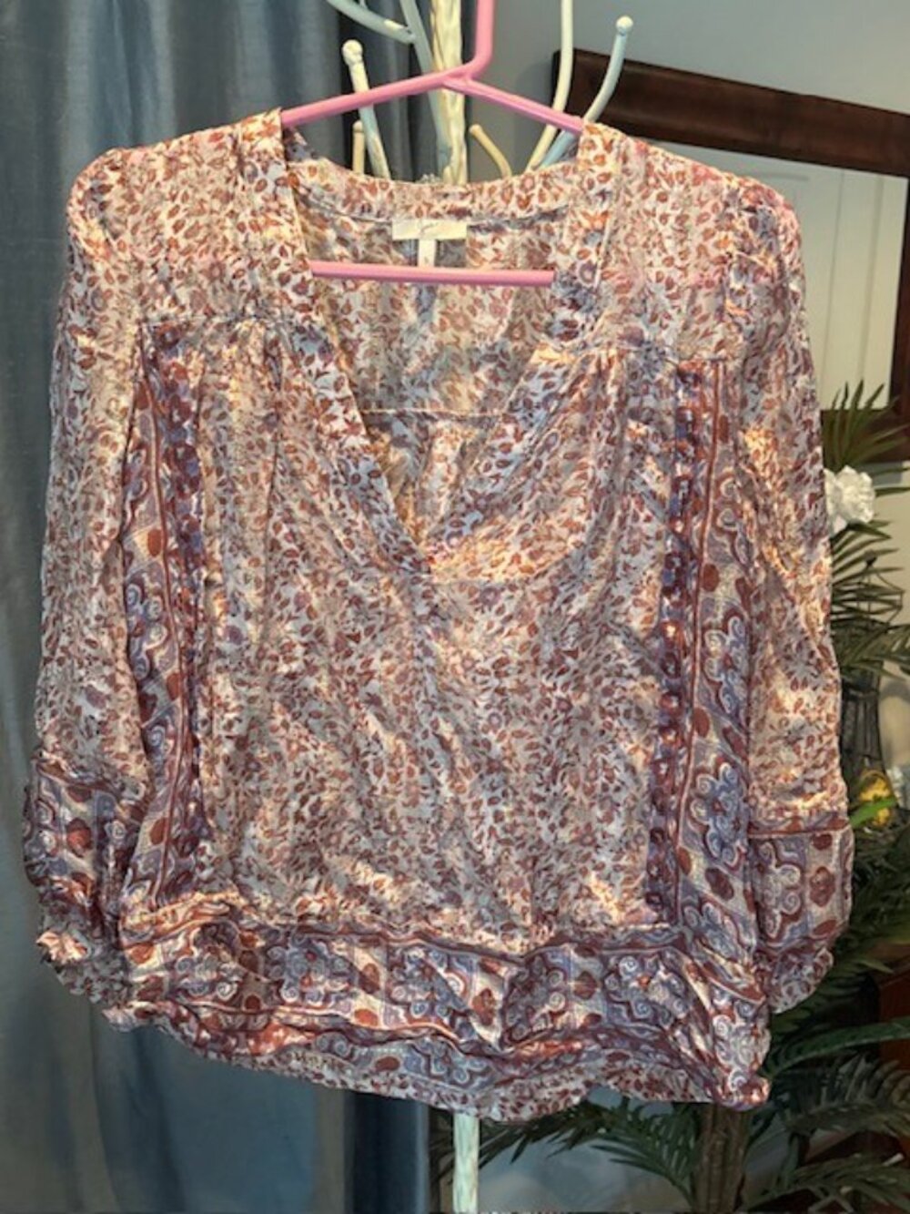 JOIE Silk and Metallic Patterned Blouse Top Shirt Size Small Bloomingdales
